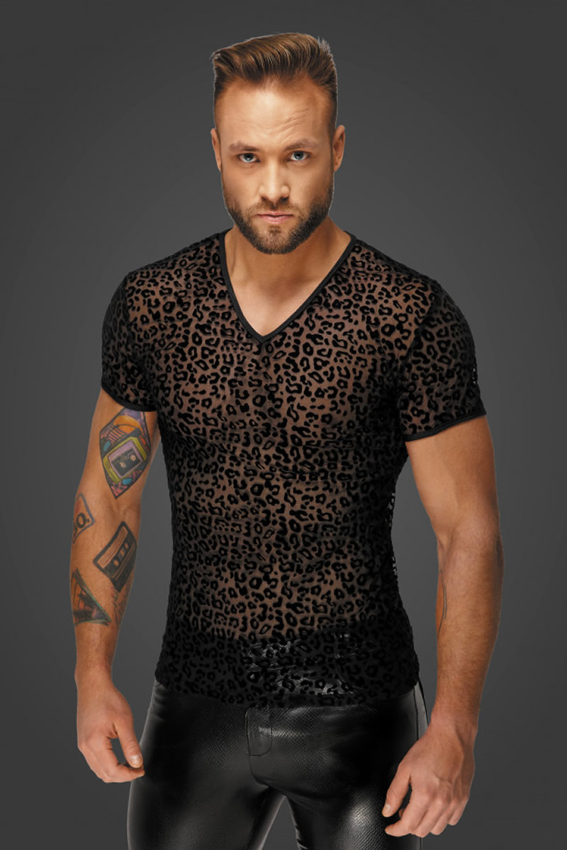 T-shirt com gola em V leopardo